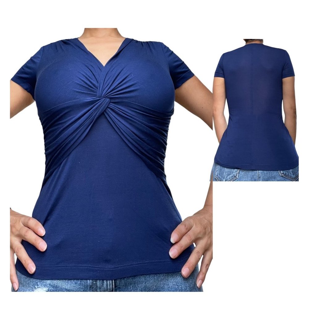 Trina Turk Womens Blouse Small S/P Navy Blue Short Sleeves V-Neck